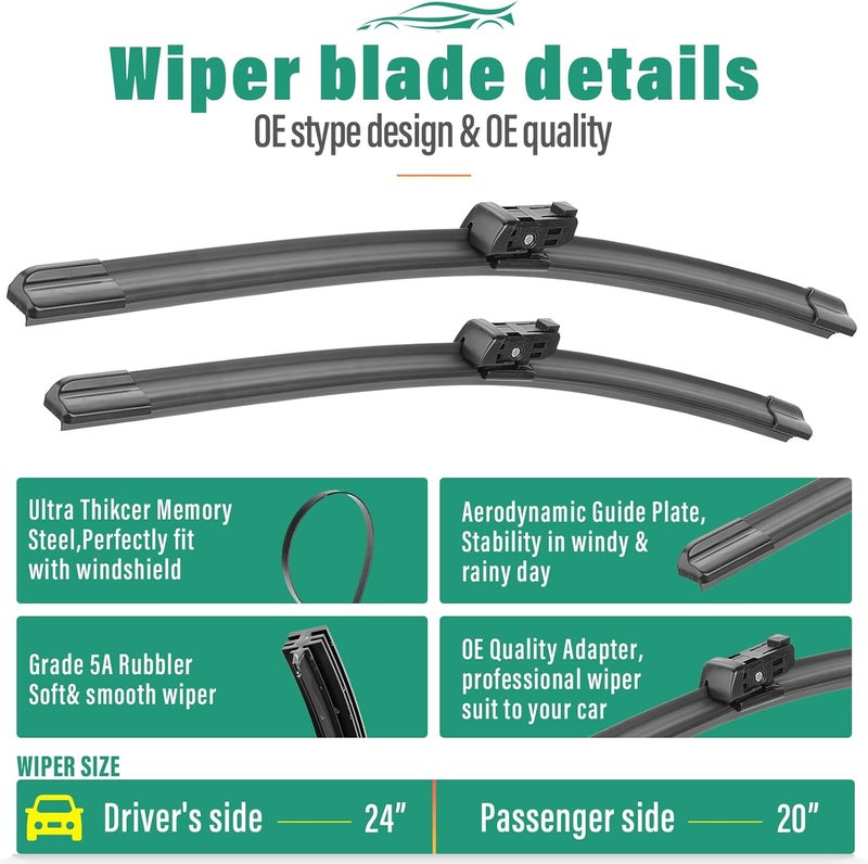 WINDSMILE 24" 20" 15" Windshield Wiper Blades Replacement for Porsche Macan 2015 2016 2017 2018 2019 2020 2021 2022 2023 2024 2025 Premium All Weather Front Rear Wipers Set - OEM Quality (Pack of 3) - Image 3